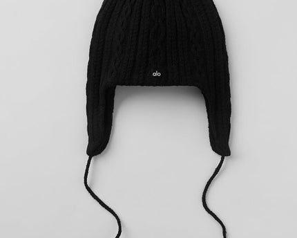 Cable Knit Winter Bliss Earflap Beanie - Black
