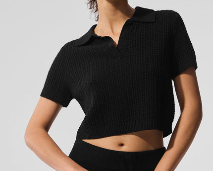 Cashmere Plush Waffle Polo Tee - Black