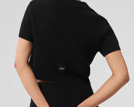 Cashmere Plush Waffle Polo Tee - Black