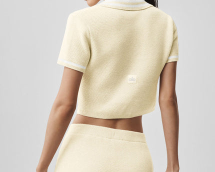 Tennis Club Sweater Knit Cropped Polo - Oatmeal/White