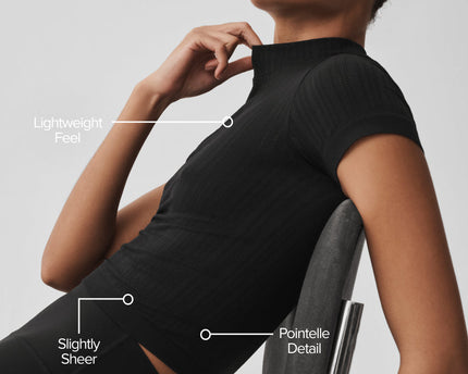 Seamless Pointelle Mock Neck Short Sleeve - Black
