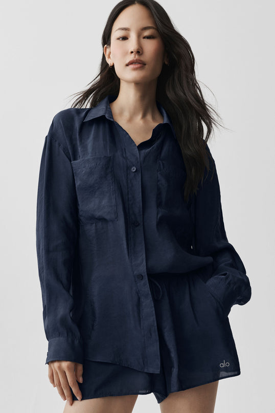 Semi-Sheer Golden Hour Button Down Long Sleeve - Navy