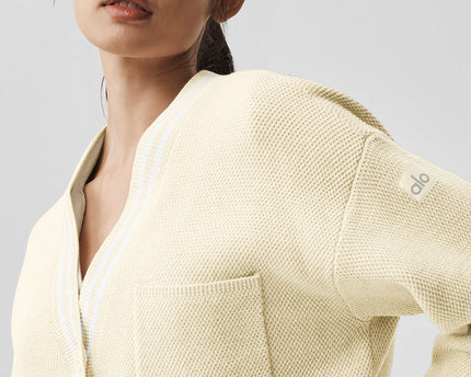 Tennis Club Sweater Knit Cardigan - Oatmeal/White