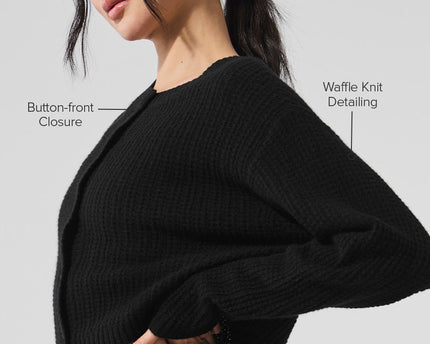 Cashmere Plush Waffle Cardigan - Black