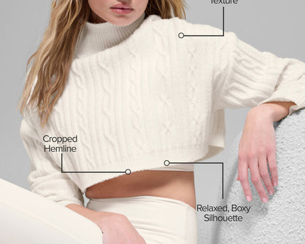 Cable Knit Cropped Winter Bliss Turtleneck Long Sleeve - Ivory