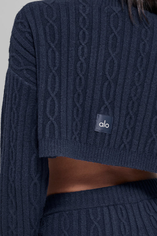 Cable Knit Cropped Winter Bliss Turtleneck Long Sleeve - Navy