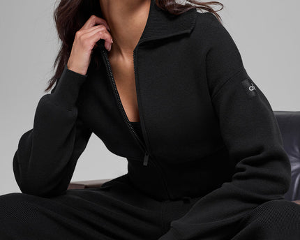 Scholar Knit Cropped Full Zip Jacket - Black