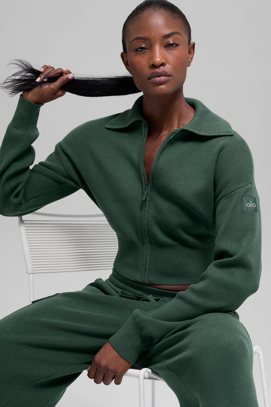 Scholar Knit Cropped Full Zip Jacket - Clover Green