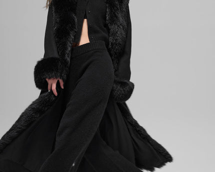 Faux Fur Trimmed Longline Coat - Black