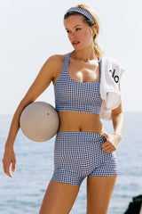3' Airlift Gingham High-Waist Sleek Short - Navy Gingham