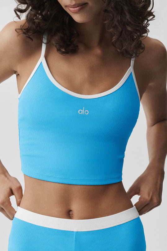 Goddess Ribbed First Pick Bra Tank - Azure Blue/White